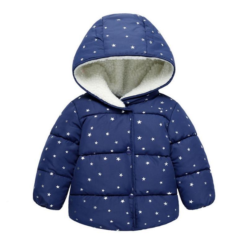 Navy kids hooded puffer coat with star print and soft faux-fur hood lining