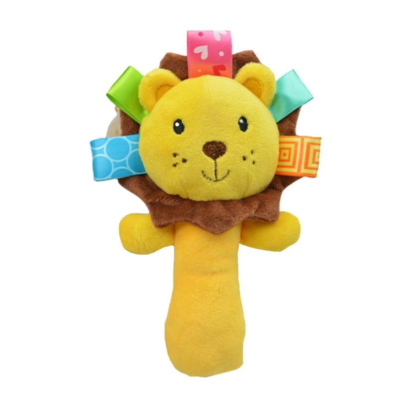 Cartoon plush lion baby rattle with yellow face, stitched features, and colorful tags