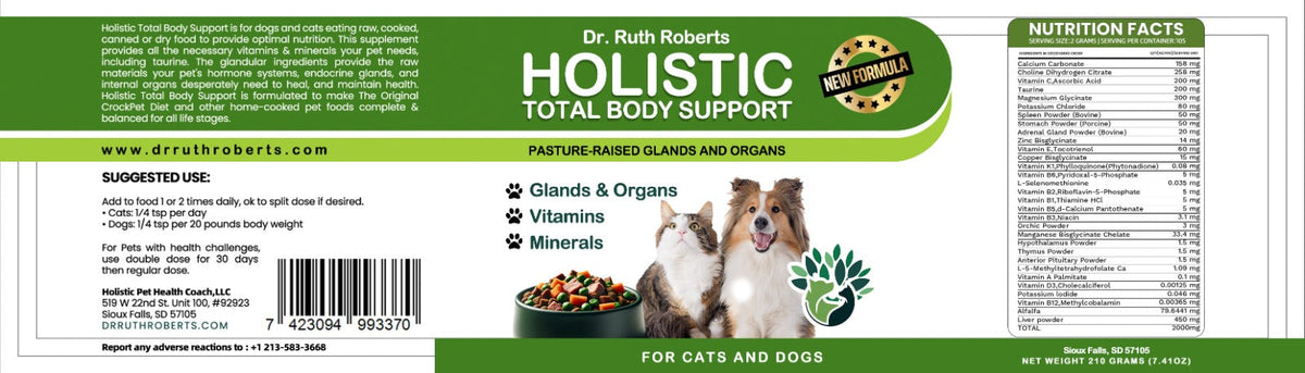 Back label panel for a pet supplement with nutrition facts and dosing details