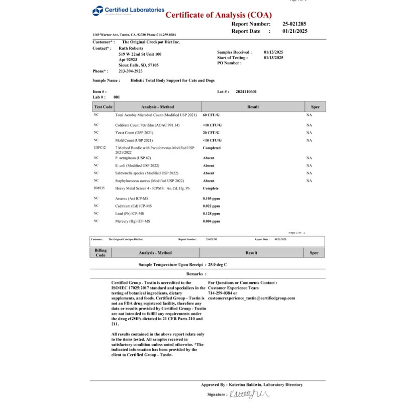 Certificate of Analysis (COA) for Holistic Total Body Support supplement