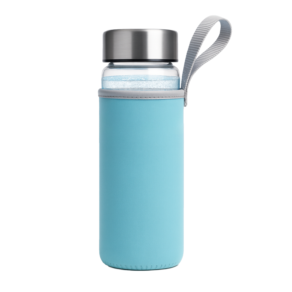 Blue bottle cover case holding a bottle with gray lid and loop strap