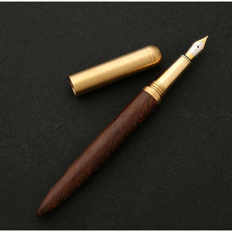 Handmade fountain pen with medium brown wood barrel, gold nib, brass end cap