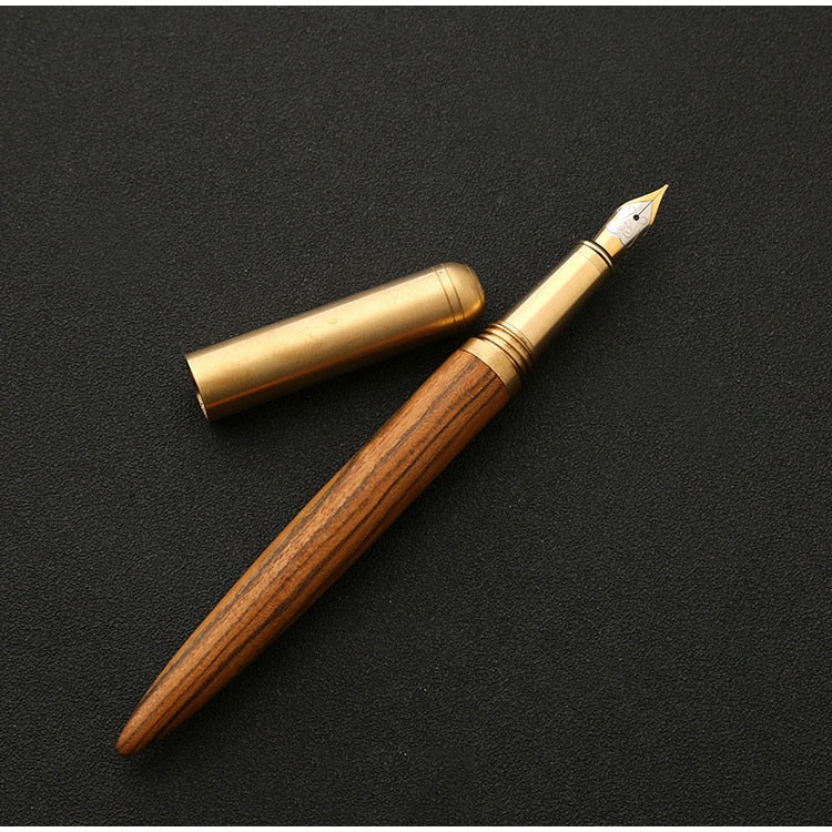 Handmade fountain pen with striped medium-brown wood barrel and gold nib