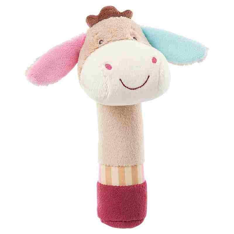 Plush lamb rattle bell toy with pink and blue fabric ears