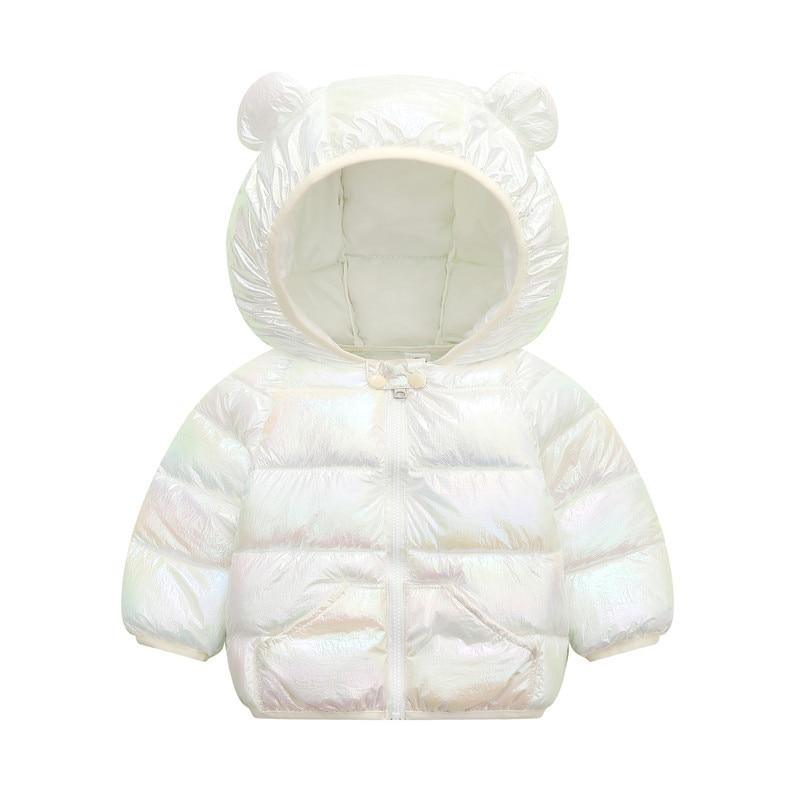 Hooded infant puffer jacket in white with bear-ear hood and front zipper.