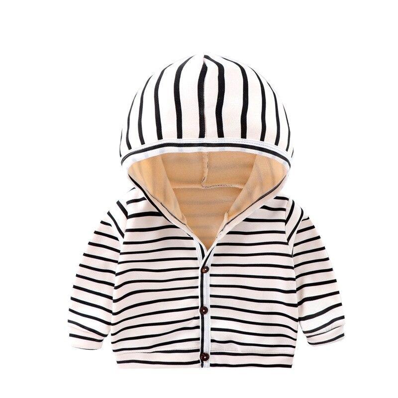 Black-and-white striped hooded baby cardigan with button front and beige lining.