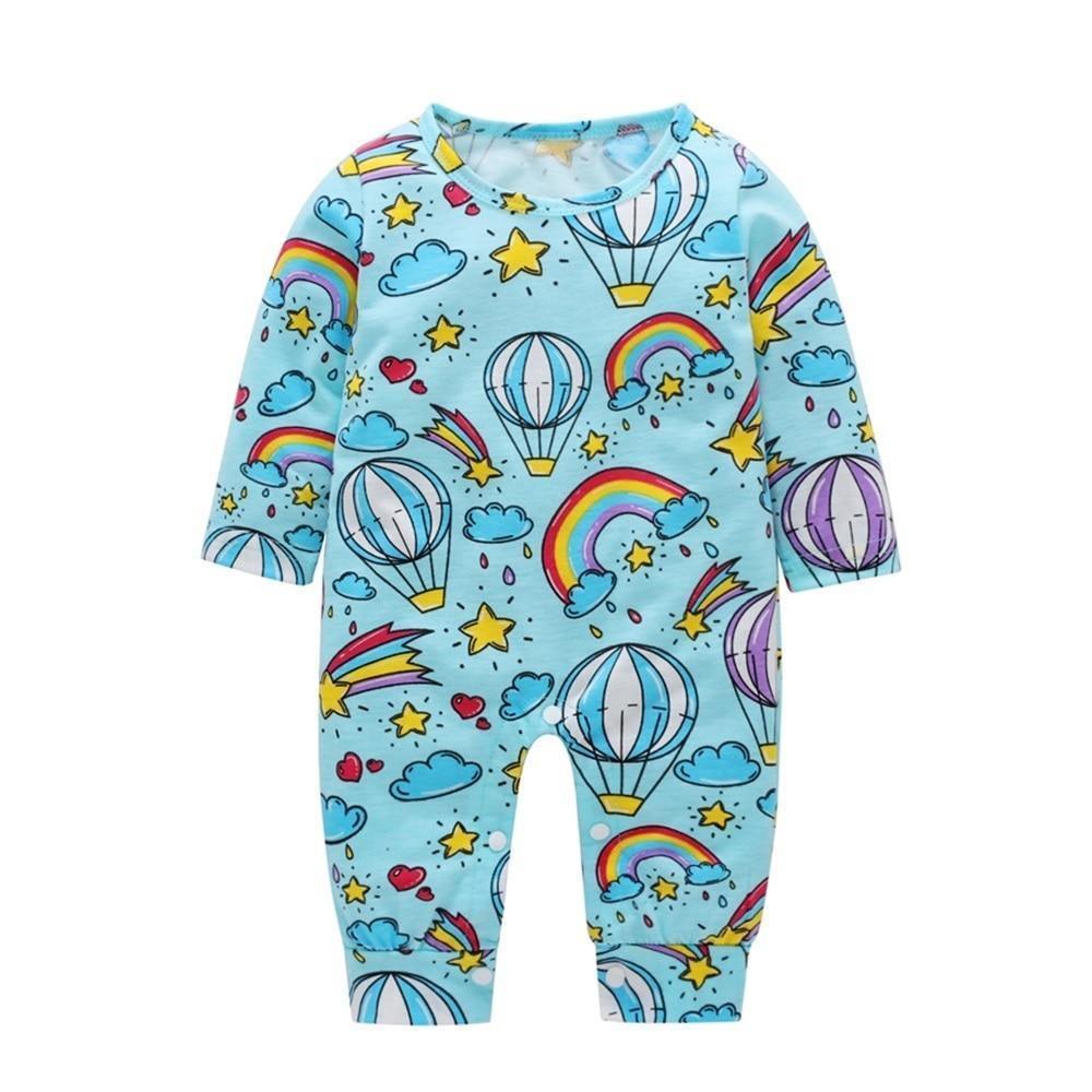 Newborn light blue hot air balloon print long-sleeve romper with feet