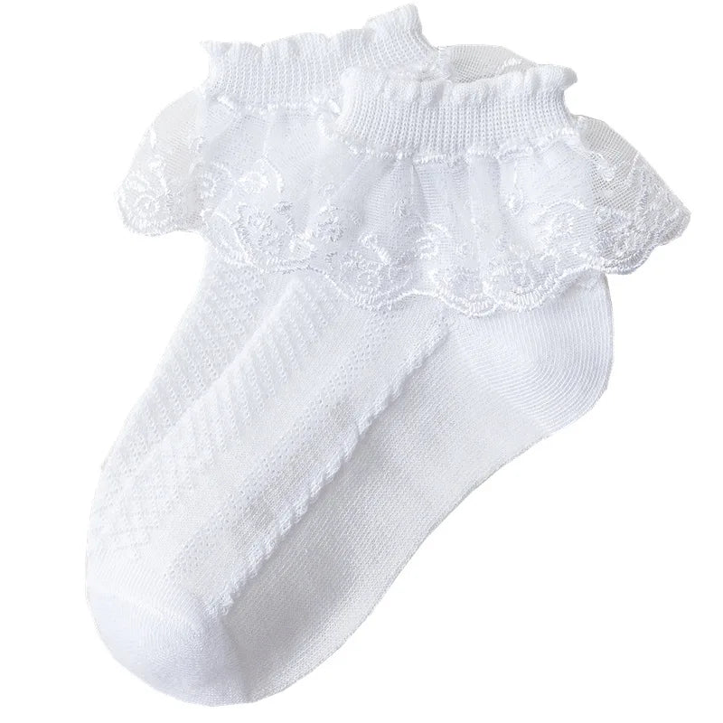 White lace ruffle ankle sock with breathable mesh texture and elastic cuff