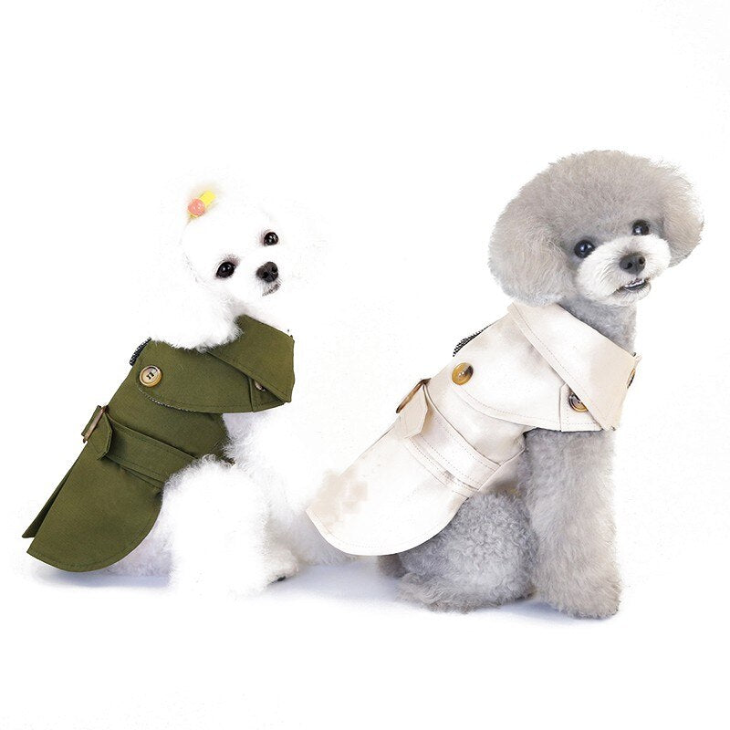 Pet jacket coats on dogs in dark green and beige, with hood and button closures