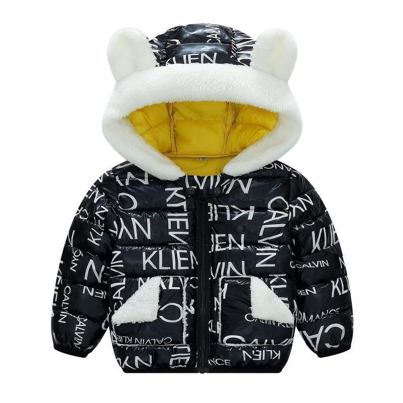 Black kids hooded puffer coat with white faux-fur trim and yellow-lined hood