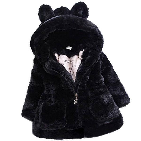 Kids hooded faux-fur winter coat with bear ears, dark color and zip front