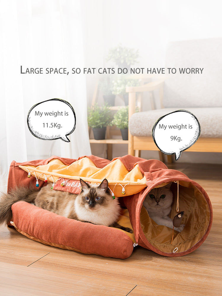 Collapsible cat tunnel tube with removable cushion, orange fabric, two cats sleeping