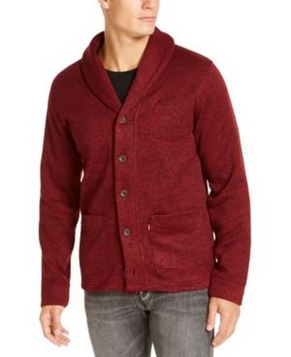 Men's shawl-collar maroon cardigan sweater with button front and chest pocket