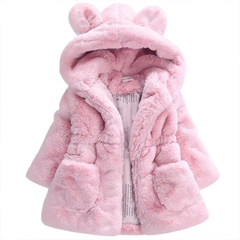 Light pink hooded faux-fur coat for kids with bear-ear hood, zip front, side pockets