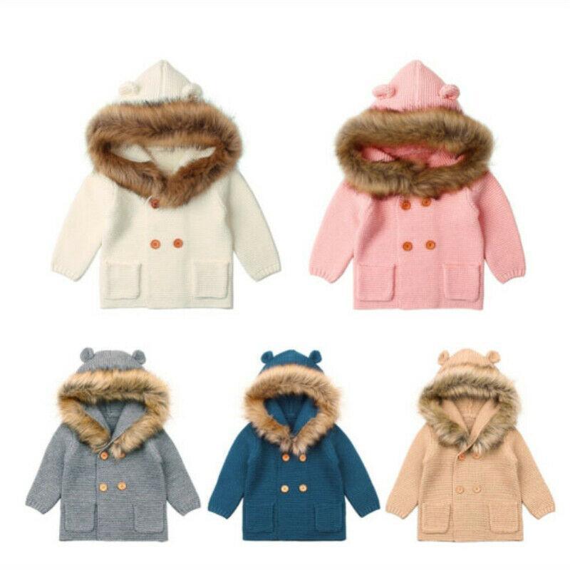 Assorted newborn knit hooded coats with faux fur trim, button front, multiple colors