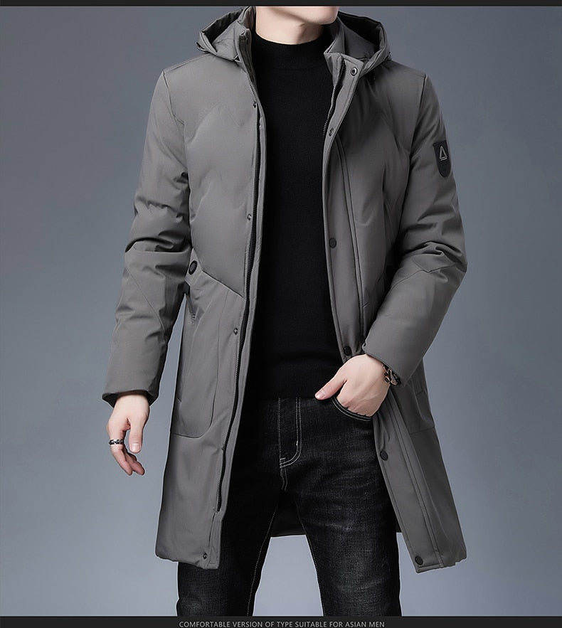Men's longline parka windbreaker, light gray, hooded, button front