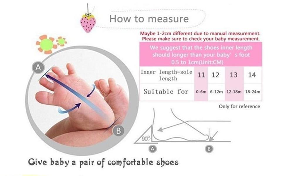 Infant shoe sizing chart with measuring guide and age ranges (0–24 months)