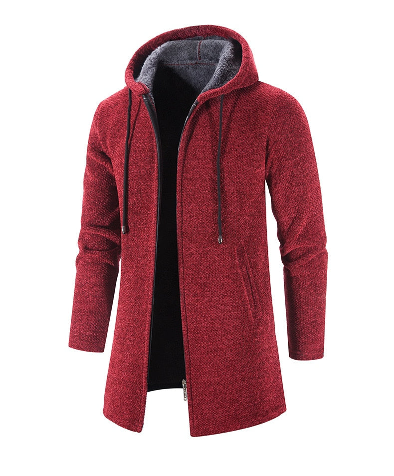 Men's hooded zip-front cardigan coat, burgundy textured knit, front zipper and pockets