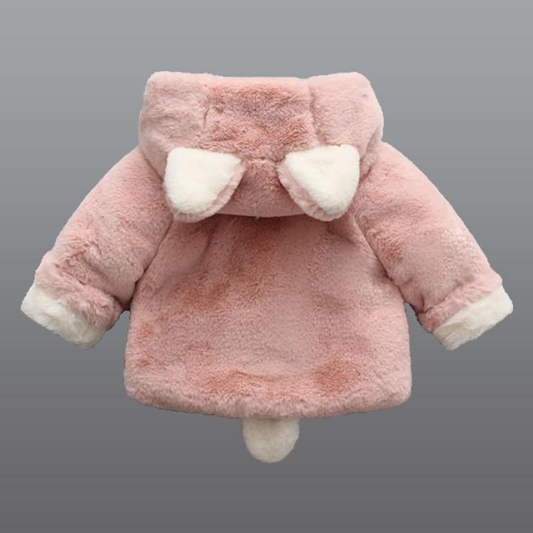 Light pink plush hooded rabbit jacket with white bow detail on hood