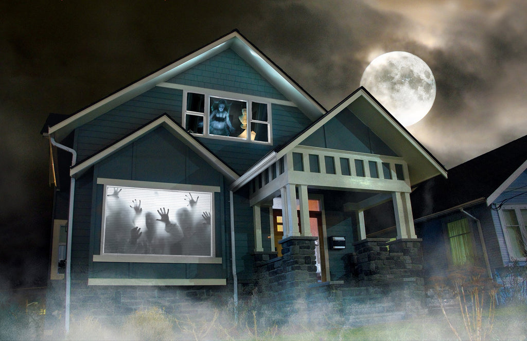 48 in x 72 in projection screen showing ghostly hands window projection