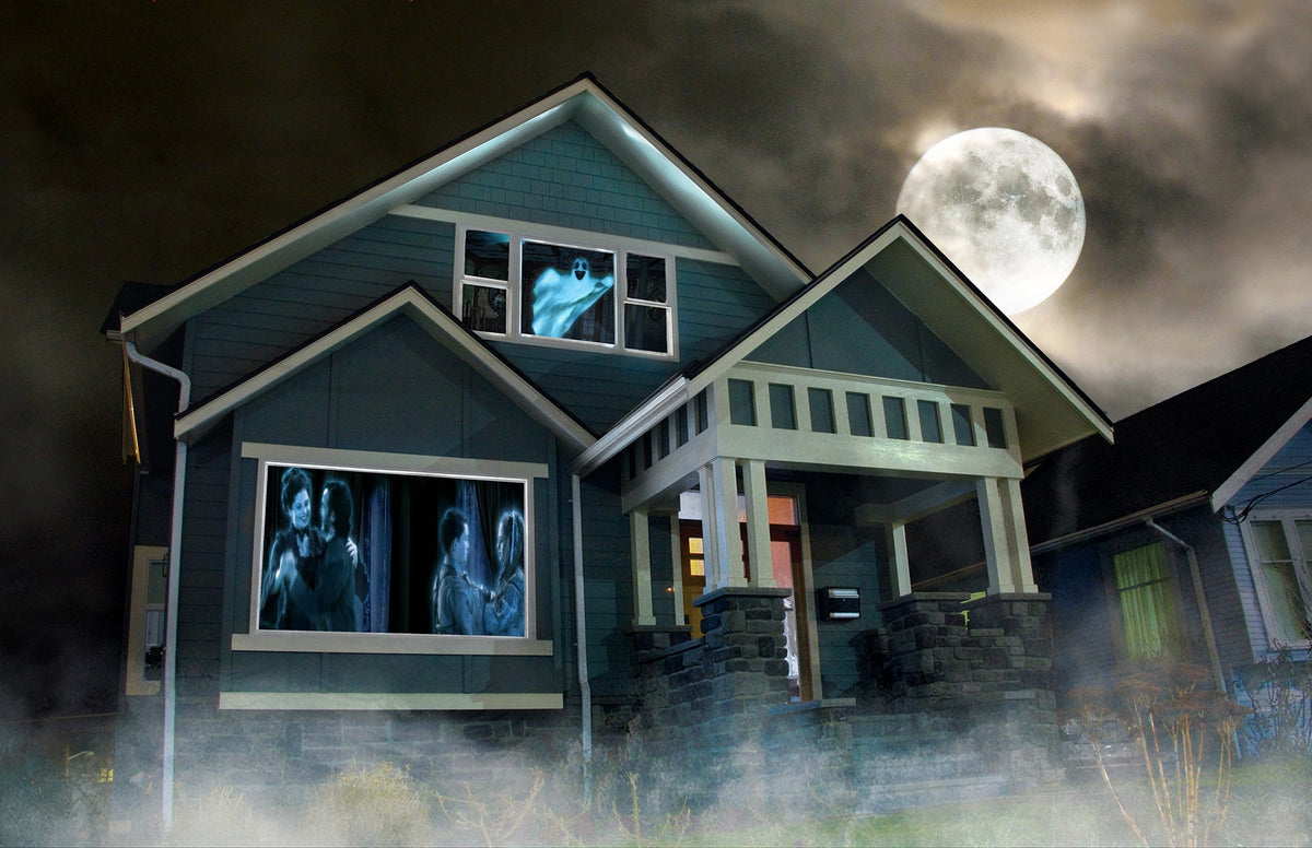 48 in x 72 in projection screen showing blue ghost faces window projection
