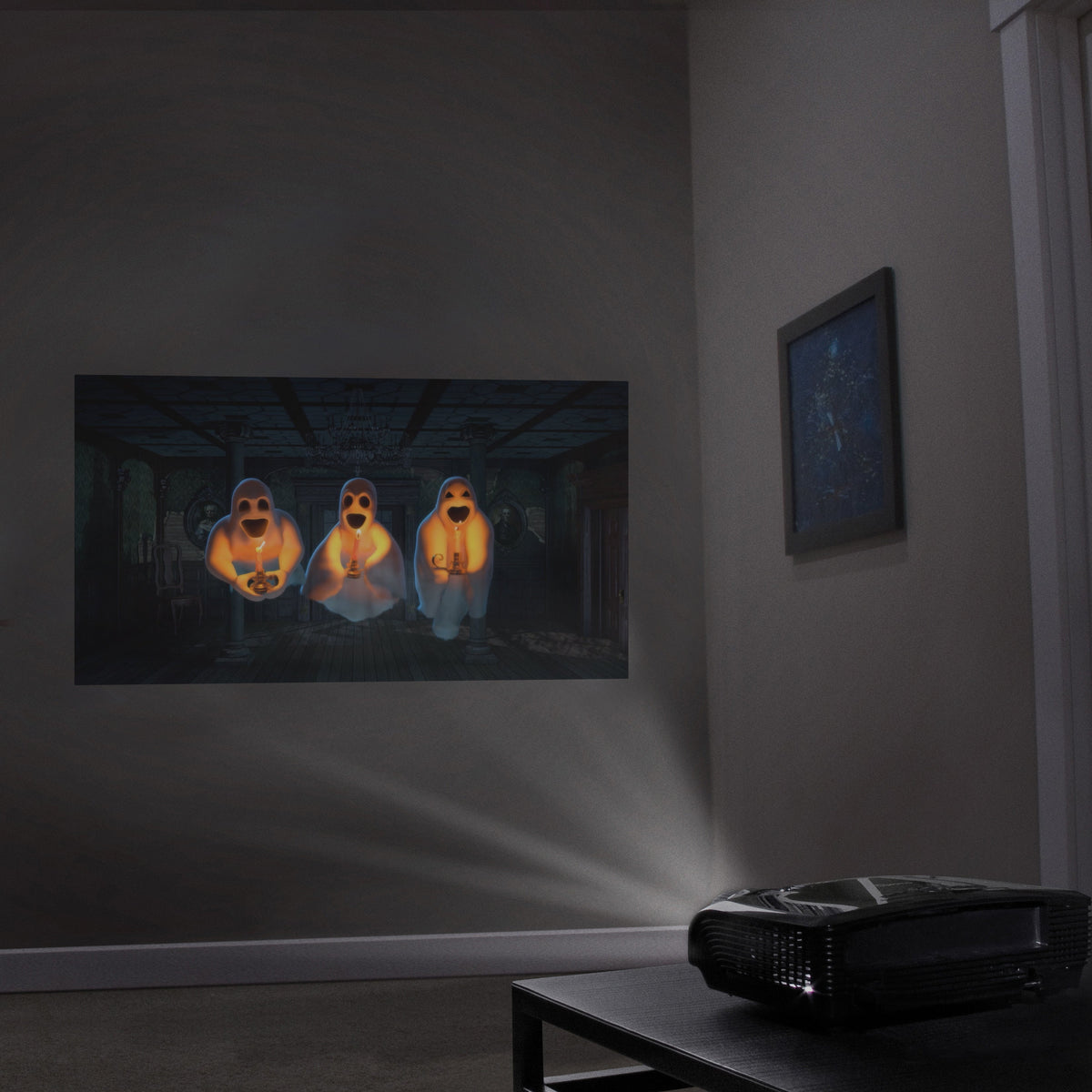 Translucent projection screen showing glowing skeleton faces from a video projector