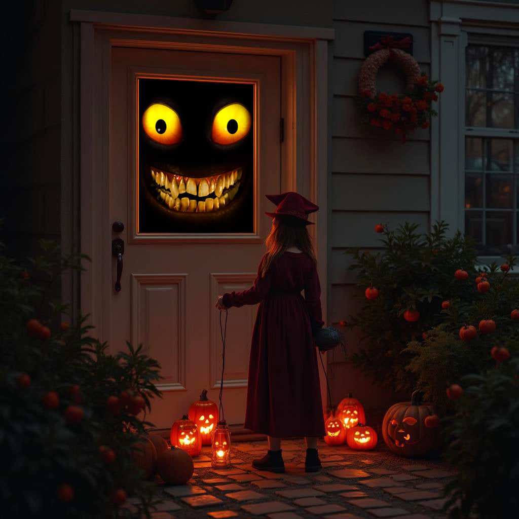 Halloween window projection showing a grinning jack-o-lantern face on a front door