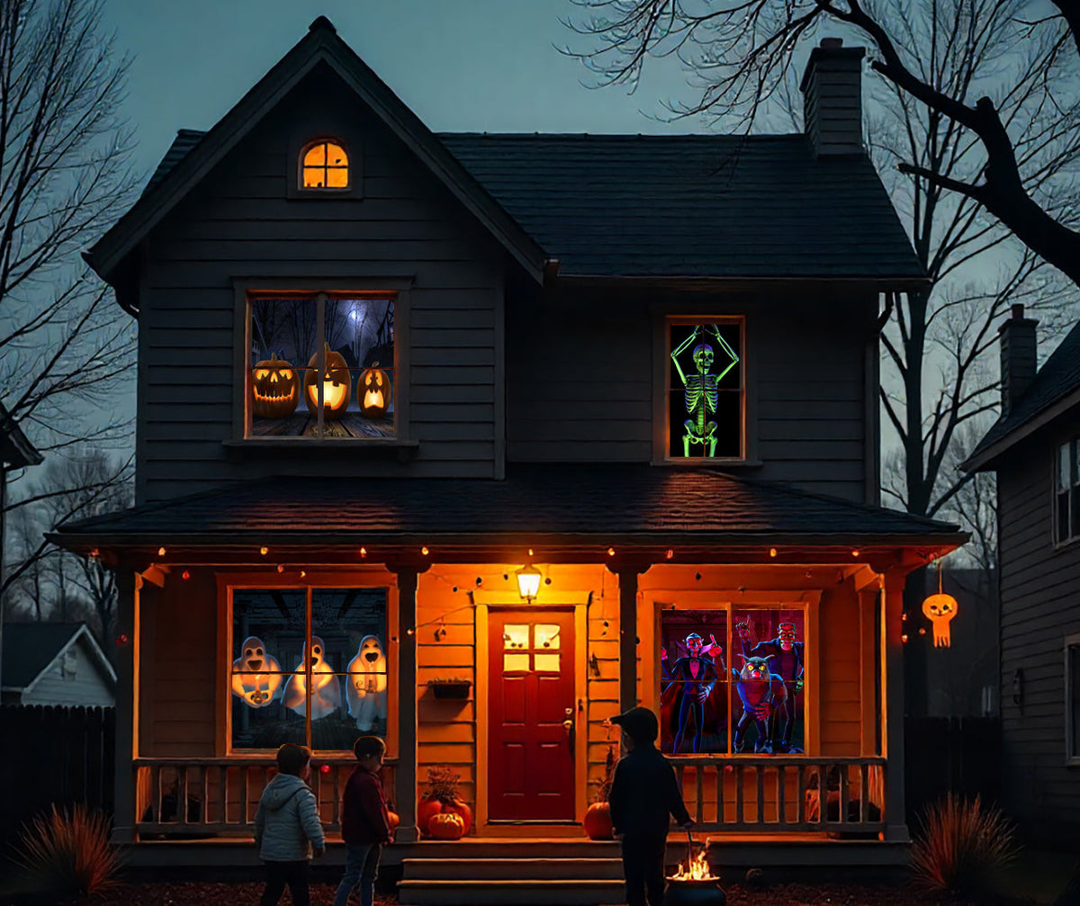 Halloween projection showing glowing characters in house window panels