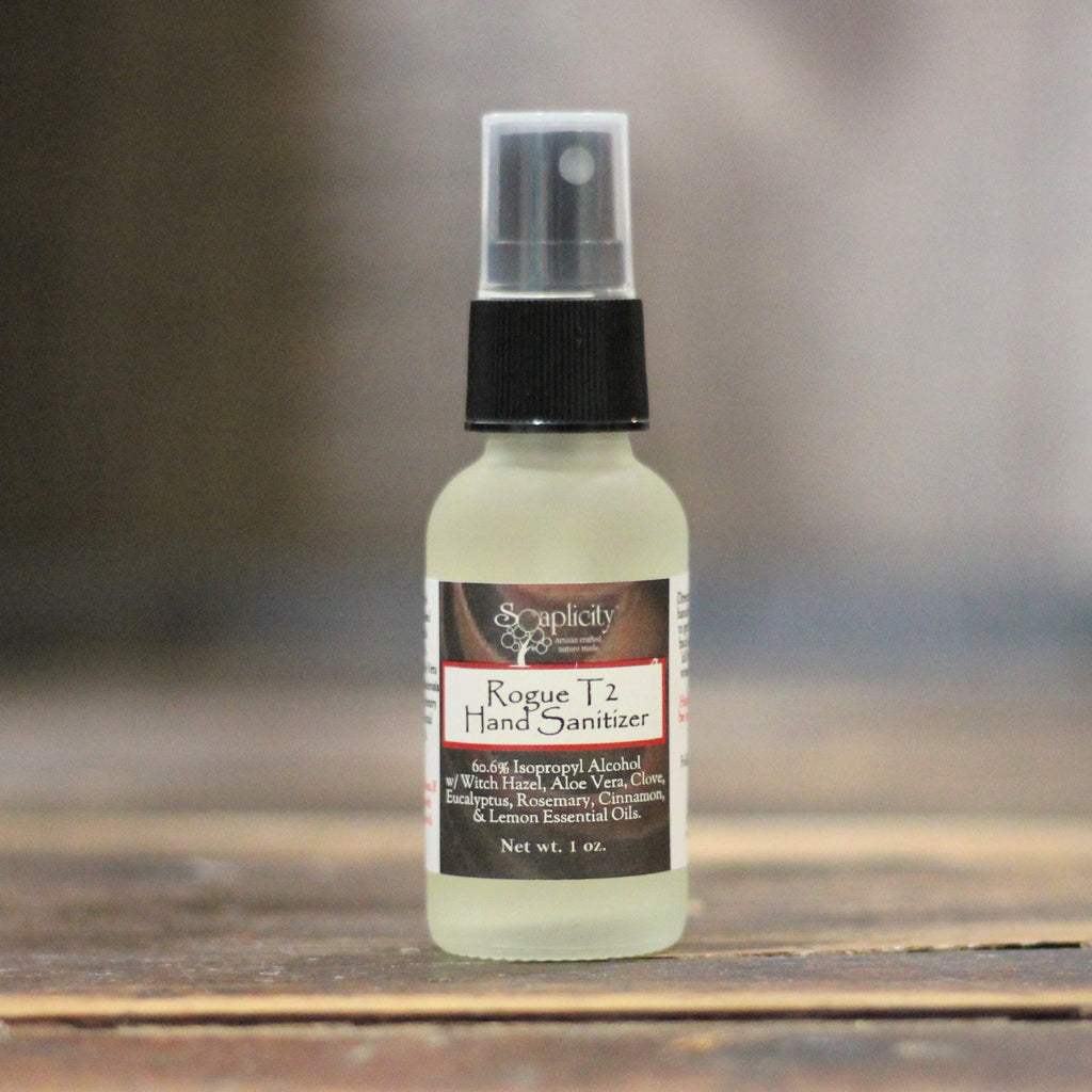 Rogue T2 hand sanitizer spray bottle, 1 oz, clear mist nozzle, light yellow liquid