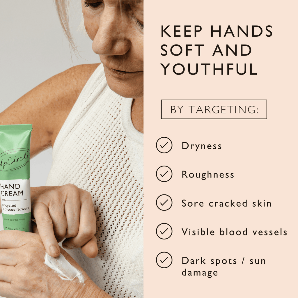 UpCircle hand cream application on hands, tube partially visible