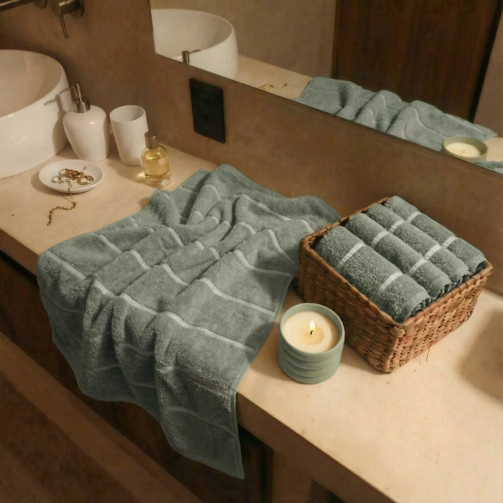 Soft sage cotton towels, folded set with woven texture and striped edges