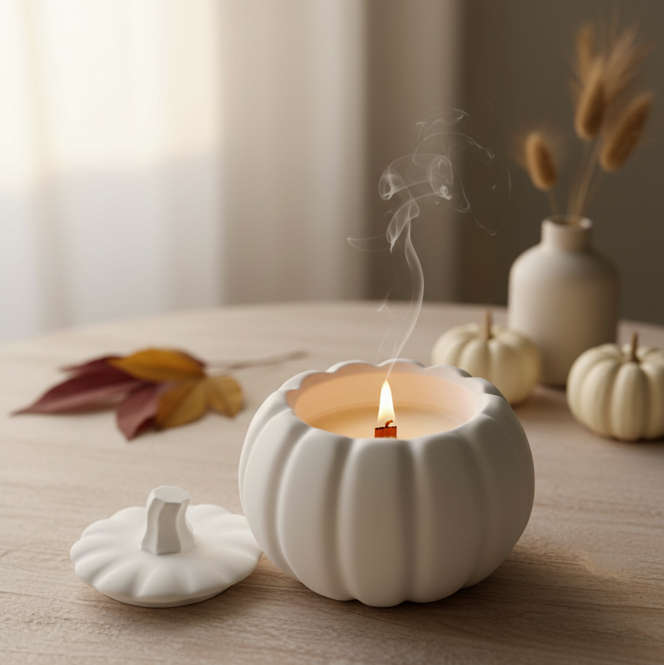 White sculptural pumpkin candle with lit wick and removable lid on top