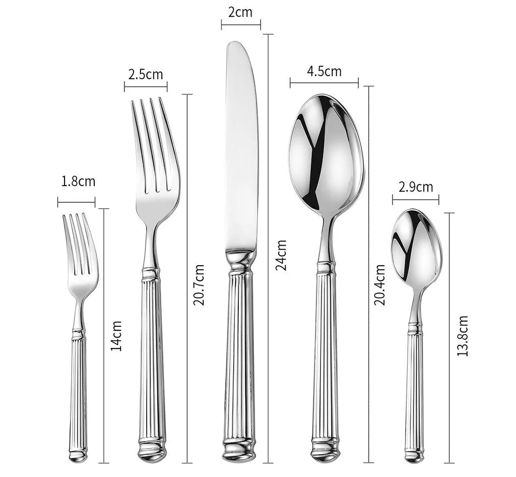 Flatware size chart showing fork, knife, and spoon with Roman-column handles