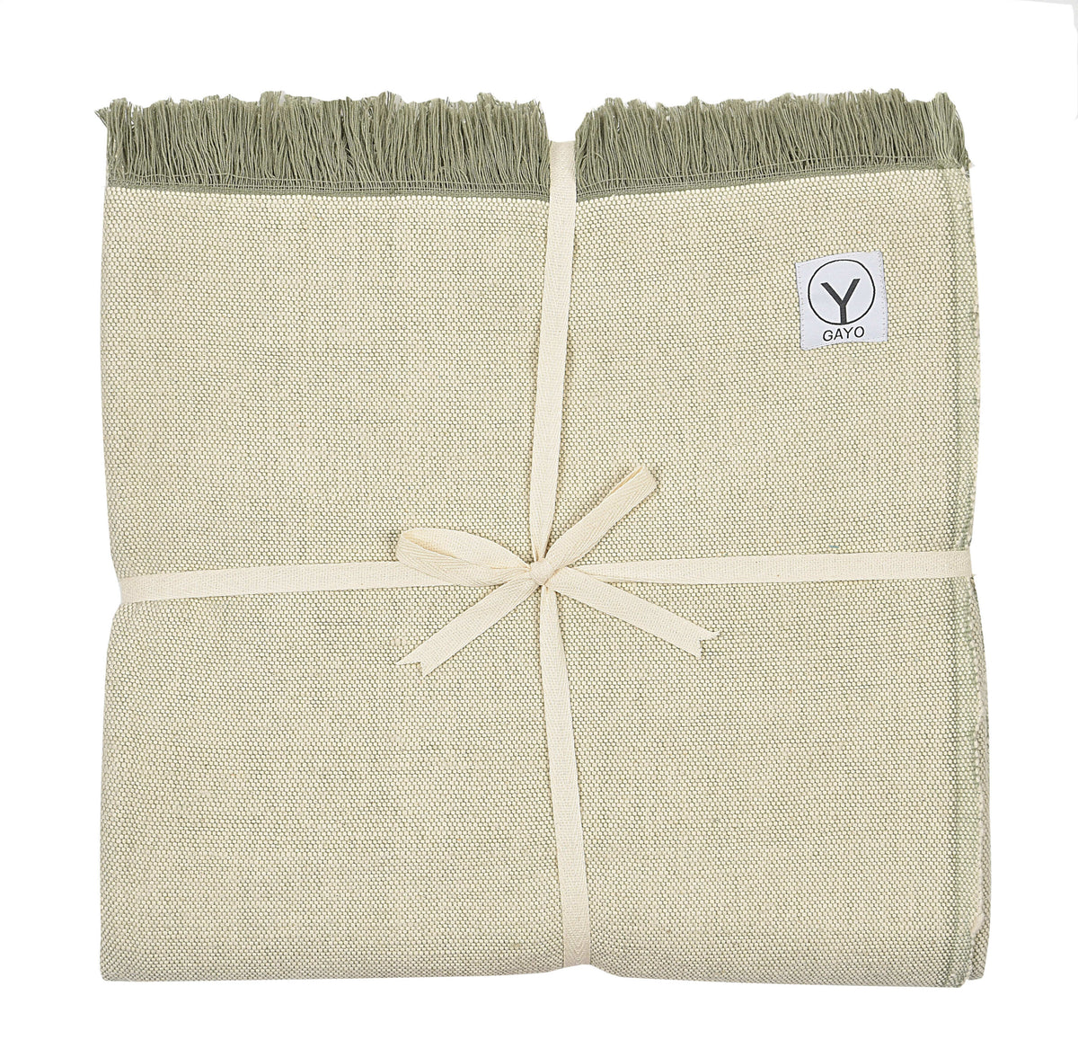 Light sage yoga blanket, neatly folded with tassel fringe and ribbon bow detail.