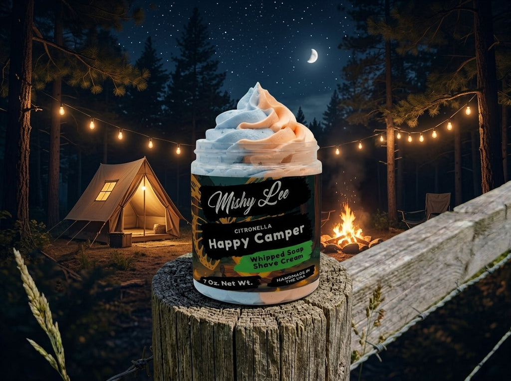 Happy Camper whipped soap and shave cream jar with blue and peach swirled top