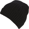 Black cable-knit beanie cap with ribbed textured knit pattern.