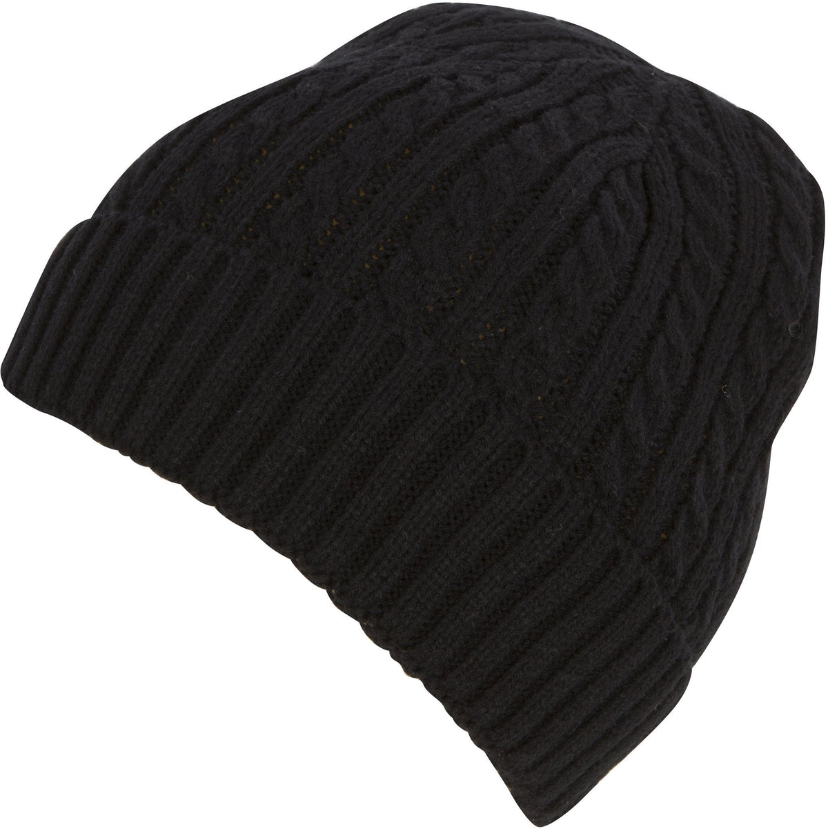 Black cable-knit beanie cap with ribbed textured knit pattern.