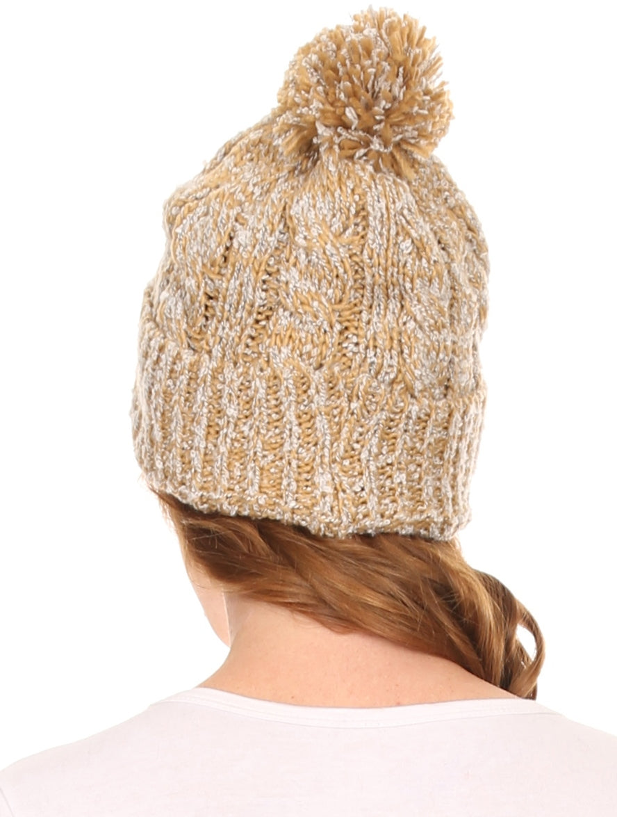 Beige heathered textured knit pom pom beanie hat with ribbed cuff, back view