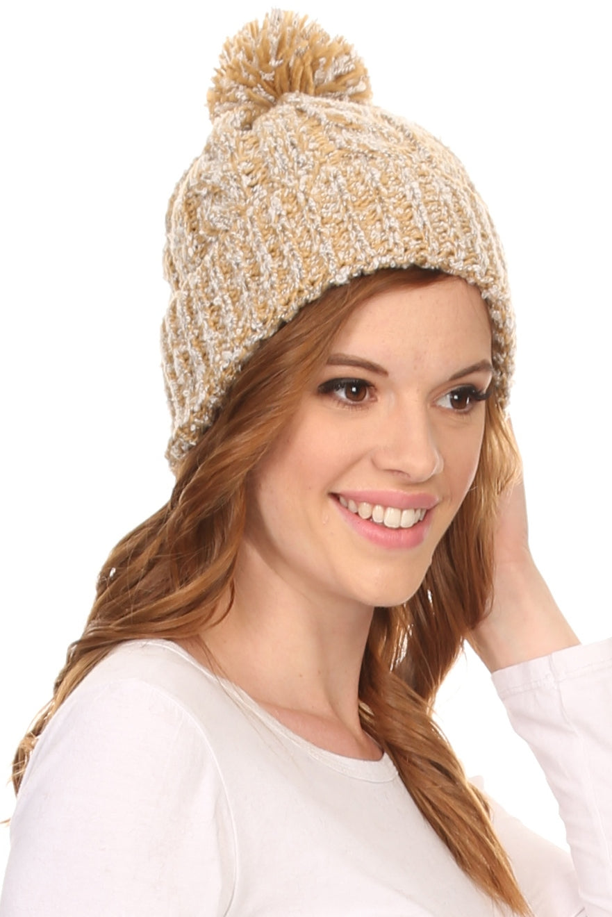 Beige textured knit pom pom beanie hat with ribbed fold-up cuff