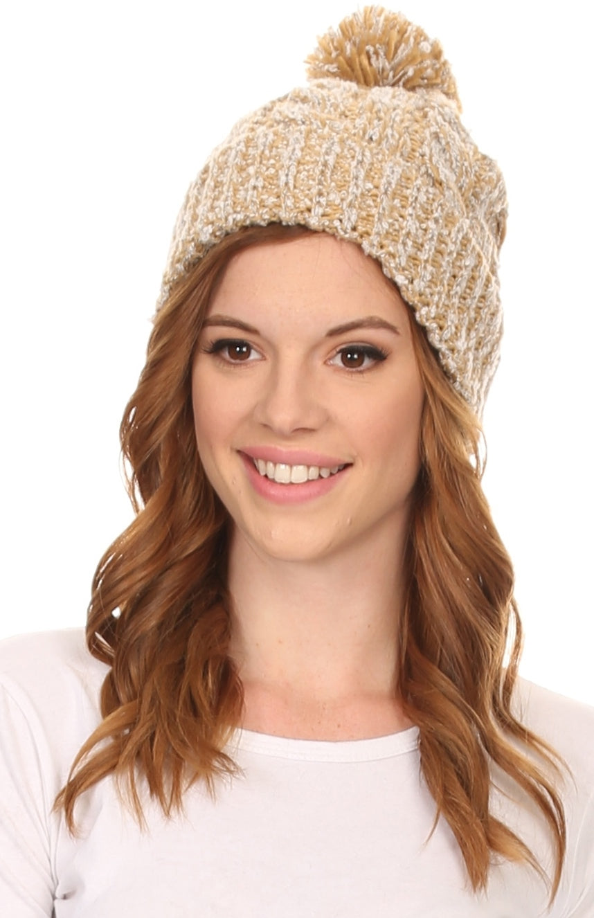 Heathered textured knit pom pom beanie hat in beige, ribbed cuff style
