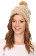 Heathered textured knit pom pom beanie hat in beige, ribbed cuff style