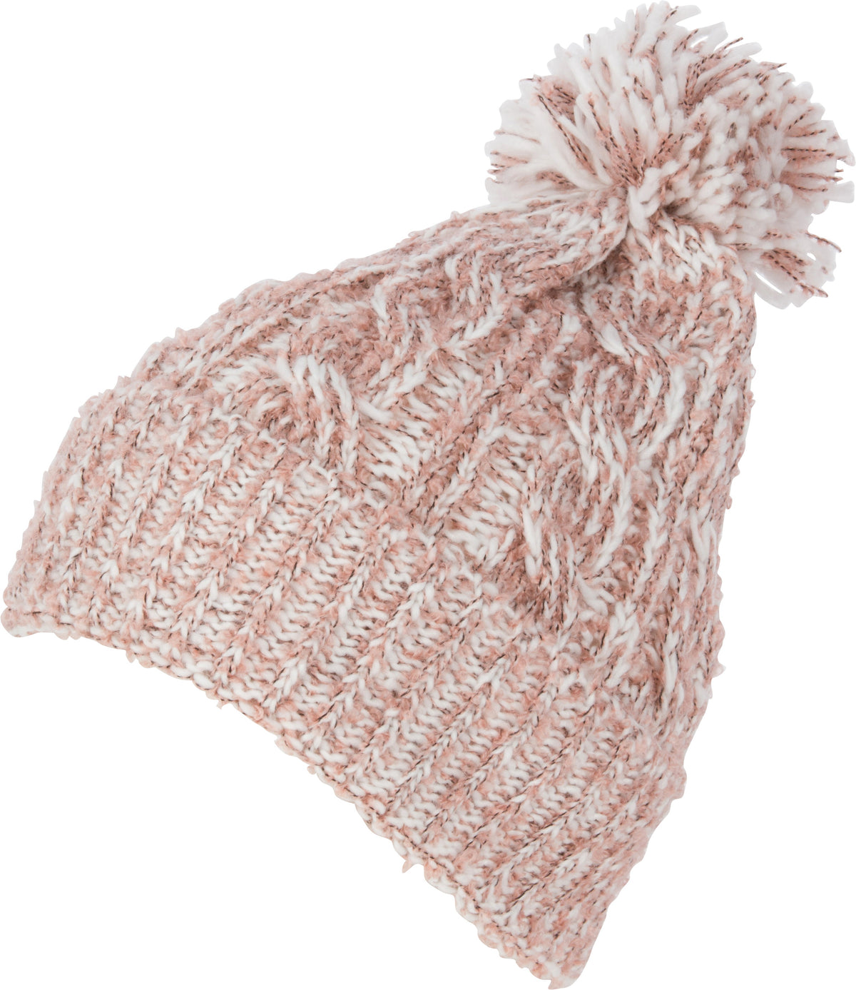 Blush heathered knit beanie with textured cable pattern and large pom pom.