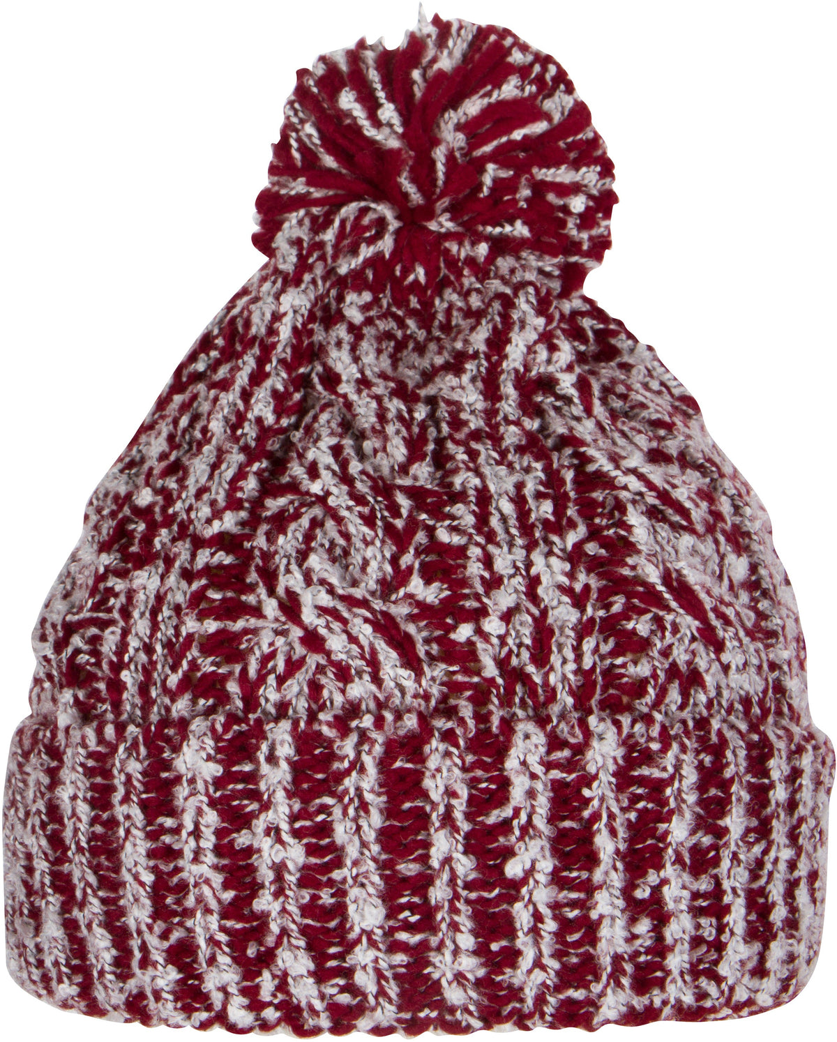 Burgundy and white heather knit beanie with textured stripes and pom pom.