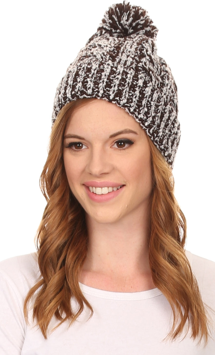 Black-and-white speckled textured knit pom pom beanie hat with ribbed cuff
