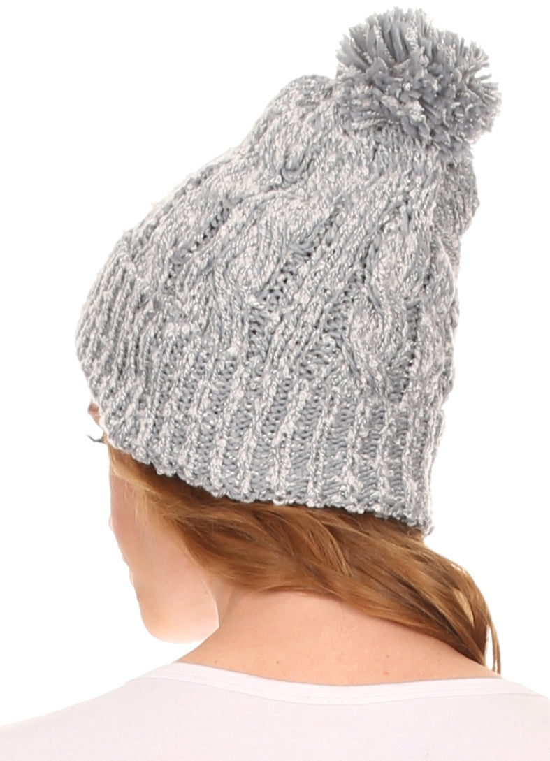 Light grey heather textured knit beanie with pom pom, shown from the back.