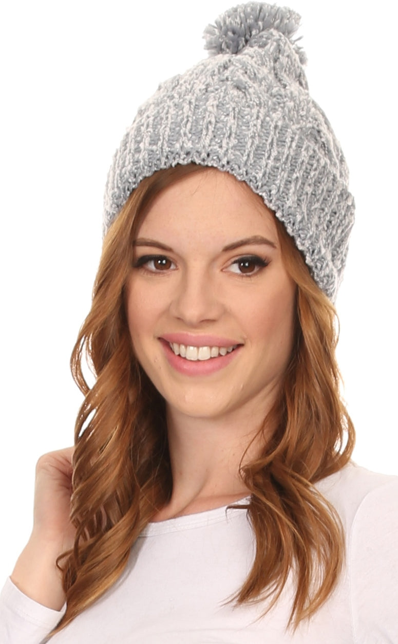Heathered textured knit pom pom beanie hat in light grey, ribbed cuff style