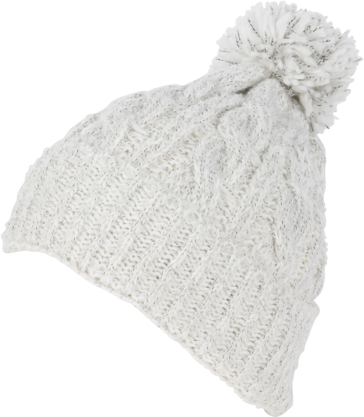 White heathered textured knit beanie with a fluffy pom pom top.