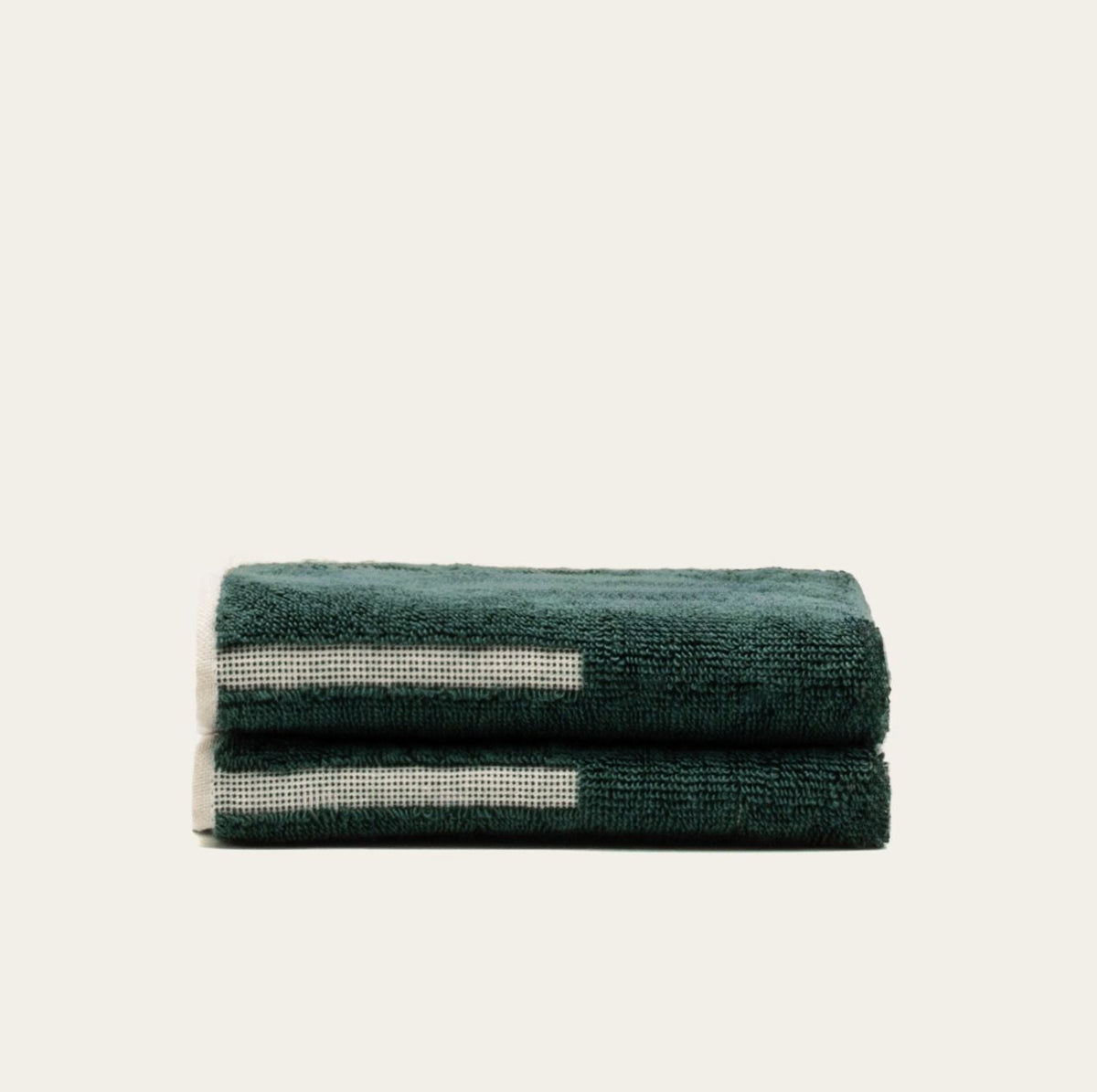 Australian cotton towel, verdant green with ecru accent stripe, folded stack