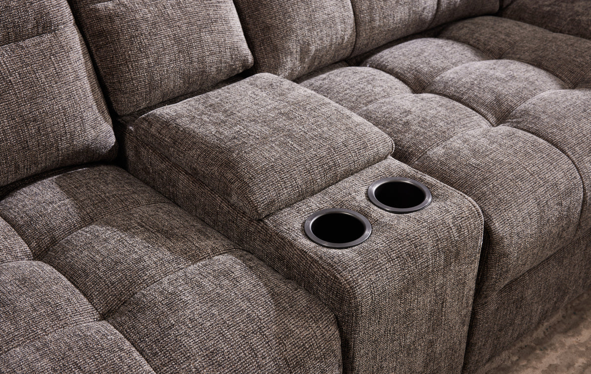 Gray sleeper sectional seat with two cupholders in armrest/storage area