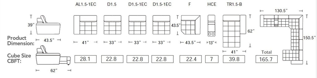 Sleeper sectional sofa dimension diagram with labeled measurements and layout grid.